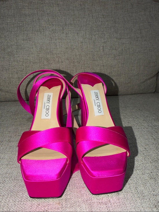 Jimmy Choo Fuchsia Satin Platform Sandals with Ankle Strap